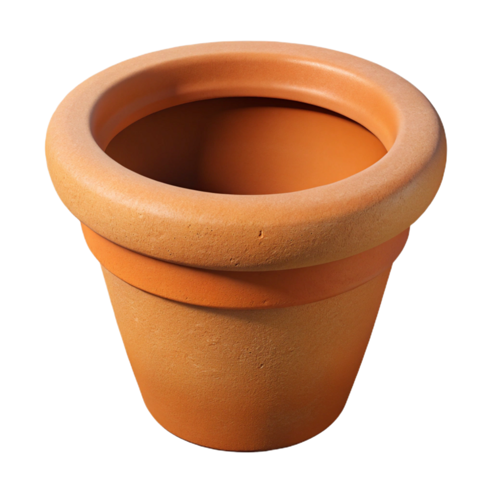 radiant distinctive Terracotta flower pot, simple design, rough texture, soft lighting, top-down view, isolateon transparent background,high-resolution product photography png