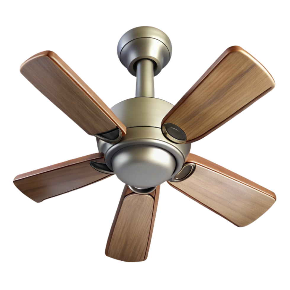 mesmerizing signature Ceiling fan, brushenickel finish, wooden blades, studio lighting, bottom view, isolateon transparent background,high-resolution product photography png