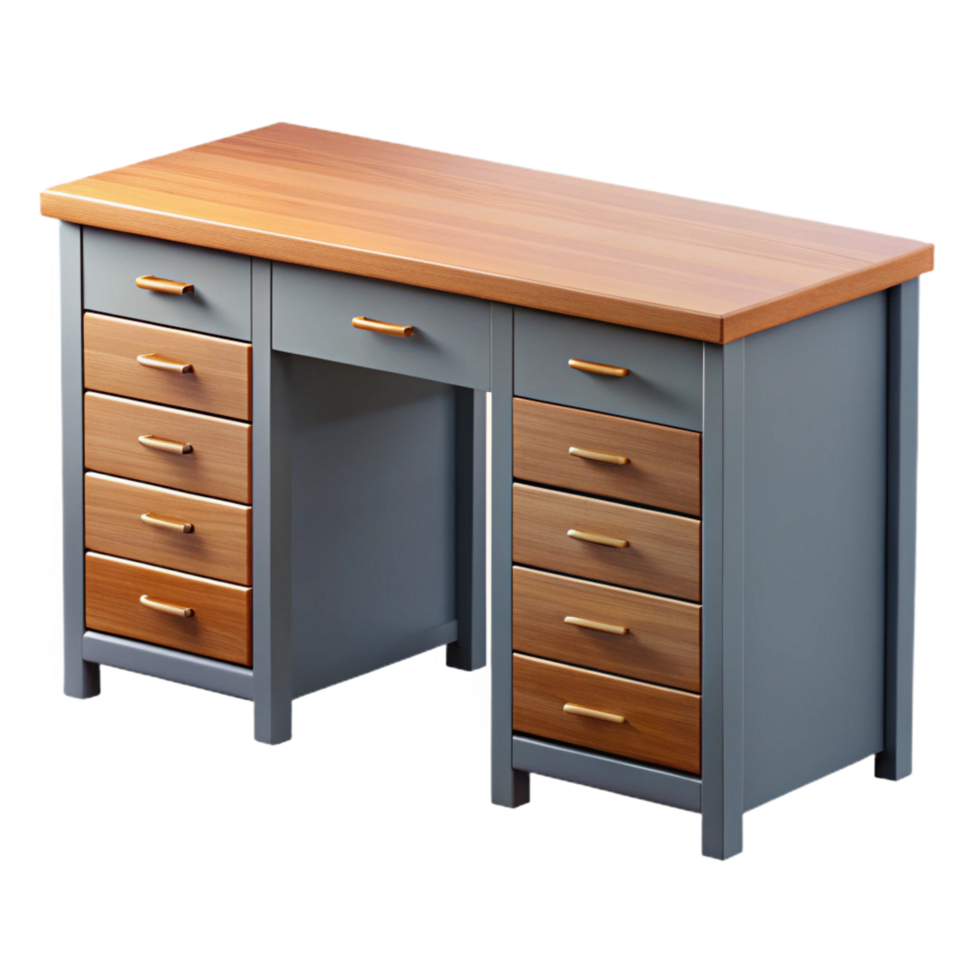 glorious distinguisheDesk with oak wootop, metal drawers, modern design, soft lighting, front view, style studio photography, isolateon transparent background,high-resolution product photography png