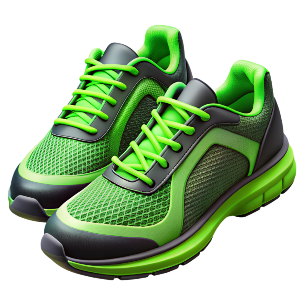 dramatic abstract Pair of running shoes, neon green anblack, mesh fabric, studio lighting, studio photography, isolateon transparent background,high-resolution product photography original png