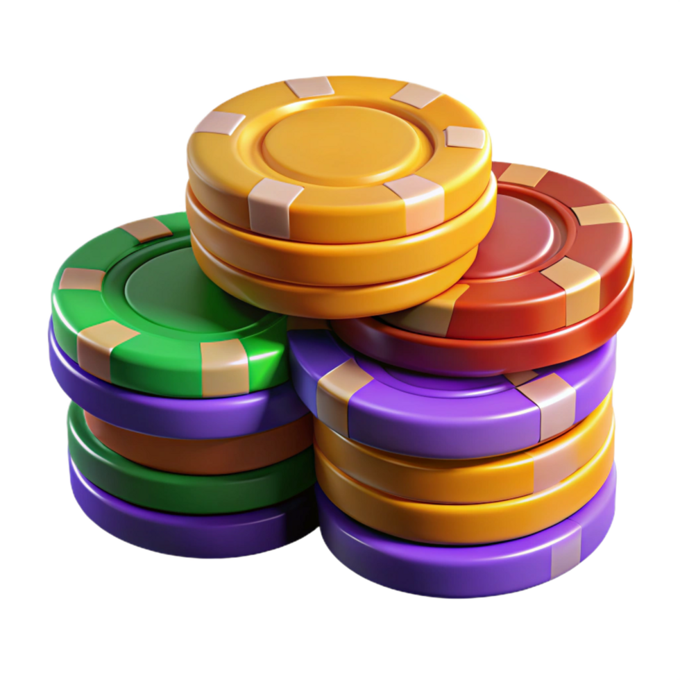 dramatic serene Stack of colorful poker chips, detaileengravings, alternating colors, dramatic lighting, top-down view, isolateon transparent background,high-resolution product photography artisan png