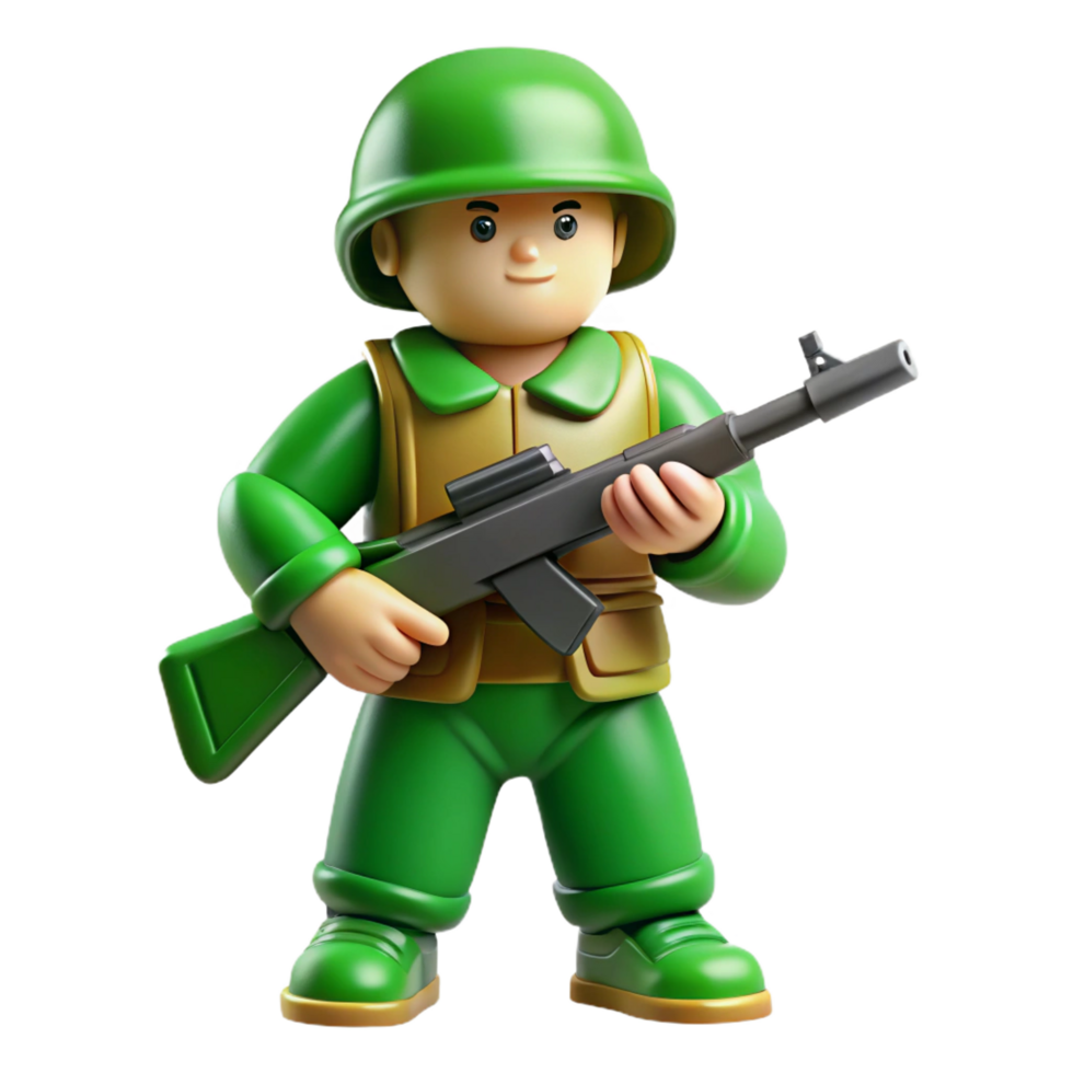 striking covetePlastic toy soldier, green uniform, holding a rifle, matte finish, dramatic lighting, side view, isolateon transparent background,high-resolution product photography png