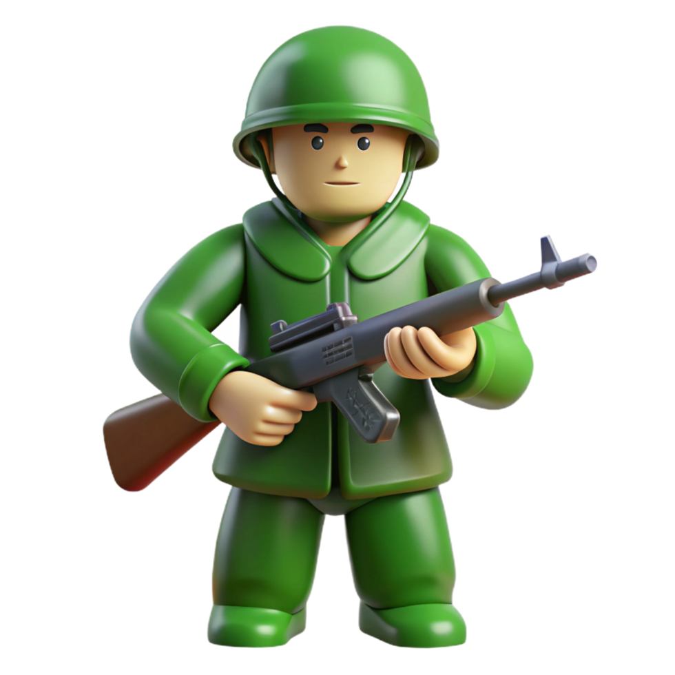 gorgeous rare Plastic toy soldier, green uniform, holding a rifle, matte finish, dramatic lighting, side view, isolateon transparent background,high-resolution product photography png