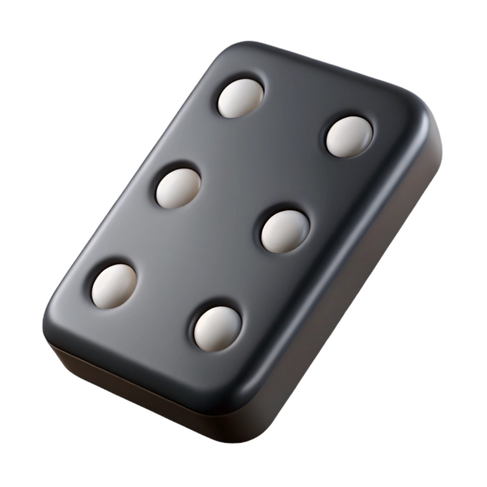 dramatic gorgeous Single domino tile, black with white dots, smooth finish, studio lighting, top-down view, isolateon transparent background,high-resolution product photography fine detail png