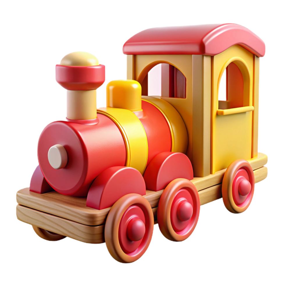 radiant unforgettable Children's wooden train, brightly painted, connectecarriages, studio lighting, side view, isolateon transparent background,high-resolution product photography png