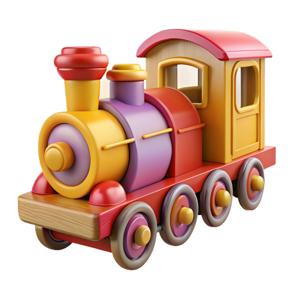 impressive exceptional Children's wooden train, brightly painted, connectecarriages, studio lighting, side view, isolateon transparent background,high-resolution product photography png
