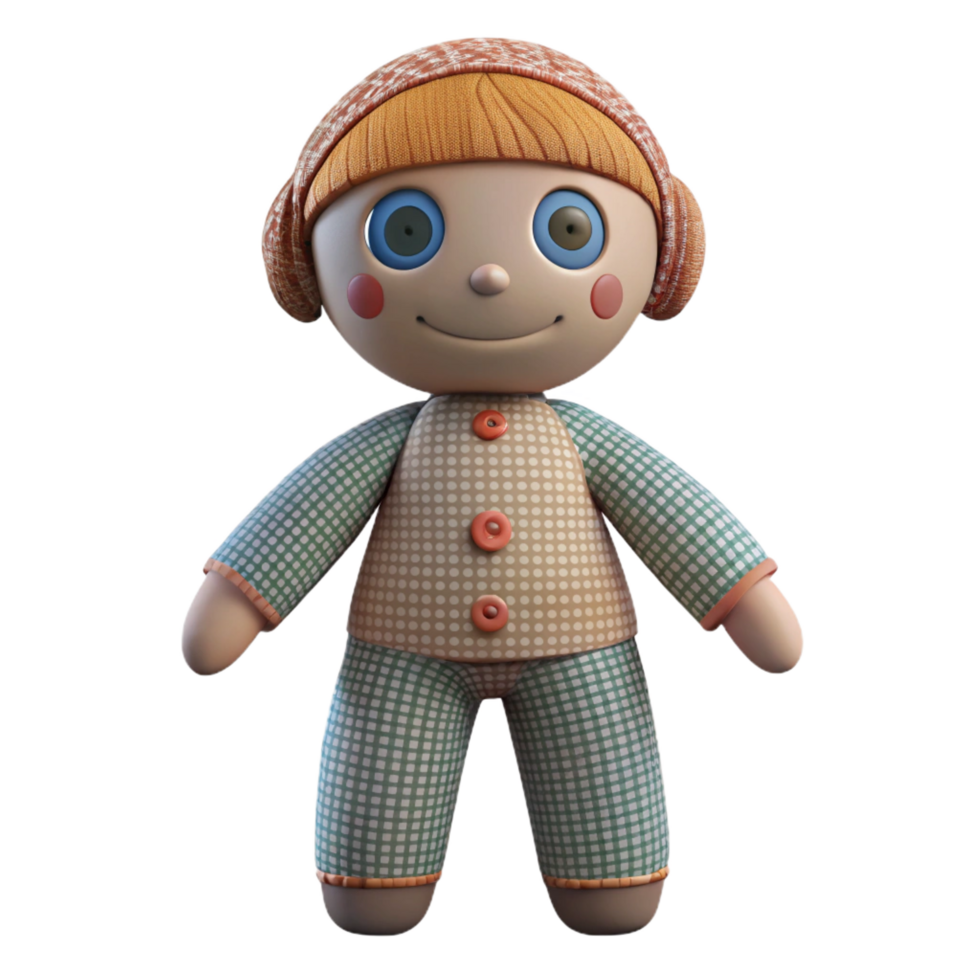 picturesque unforgettable Rag doll, stitchefeatures, patternefabric, soft lighting, front view, isolateon transparent background,high-resolution product photography png