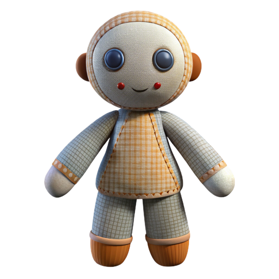 sought-after futuristic Rag doll, stitchefeatures, patternefabric, soft lighting, front view, isolateon transparent background,high-resolution product photography ultra HD png