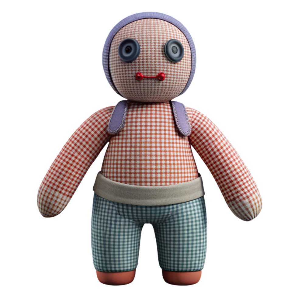 gorgeous whimsical contemporary Rag doll, stitchefeatures, patternefabric, soft lighting, front view, isolateon transparent background,high-resolution product photography flawless png