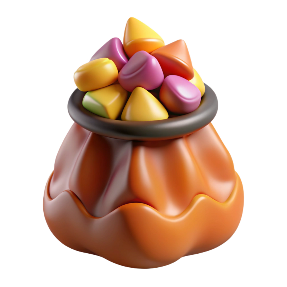 iconic surreal Bag of Halloween candy corn, overflowing with colorful candy pieces, glossy finish, sweet, isolateon transparent background,high-resolution product photography gallery standard png