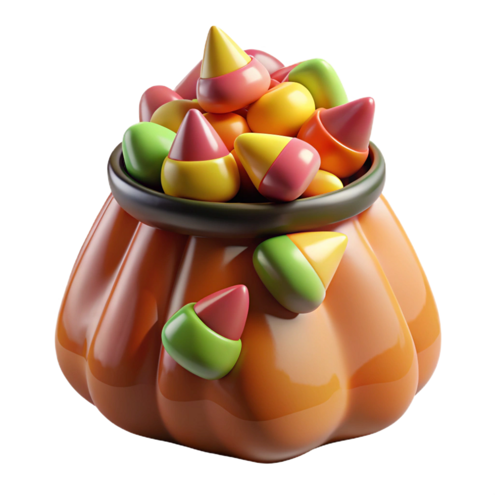 intense enchanting Bag of Halloween candy corn, overflowing with colorful candy pieces, glossy finish, sweet, isolateon transparent background,high-resolution product photography elite png