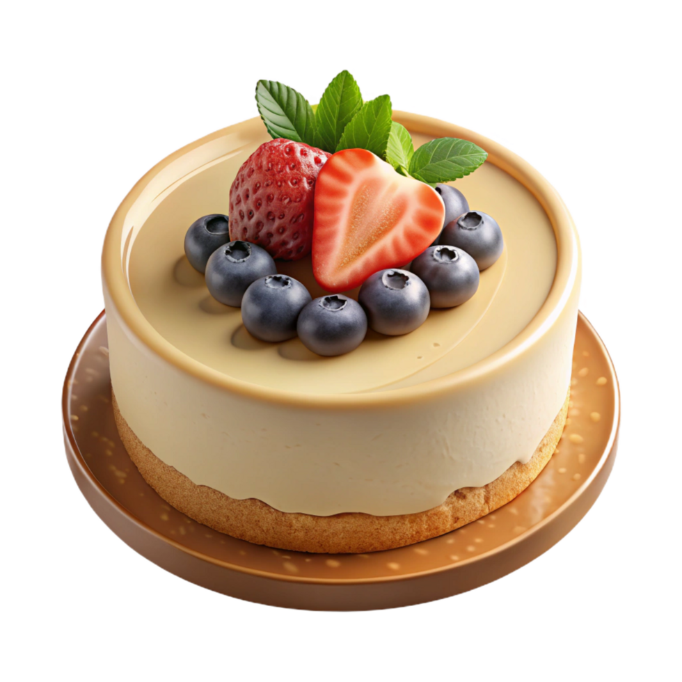 hypnotic playful baroque Cheesecake, creamy filling, graham cracker crust, toppewith fresh berries, front view, soft lighting, isolateon transparent backgrounimpeccable png