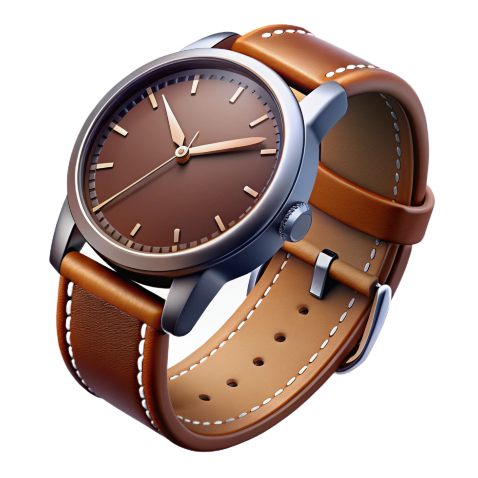 exemplary nordic A brown leather watch with a metal clasp anwhite face, dramatic lighting, detailestitching, photorealistic, isolateon transparent background,high-resolution product photography elite png