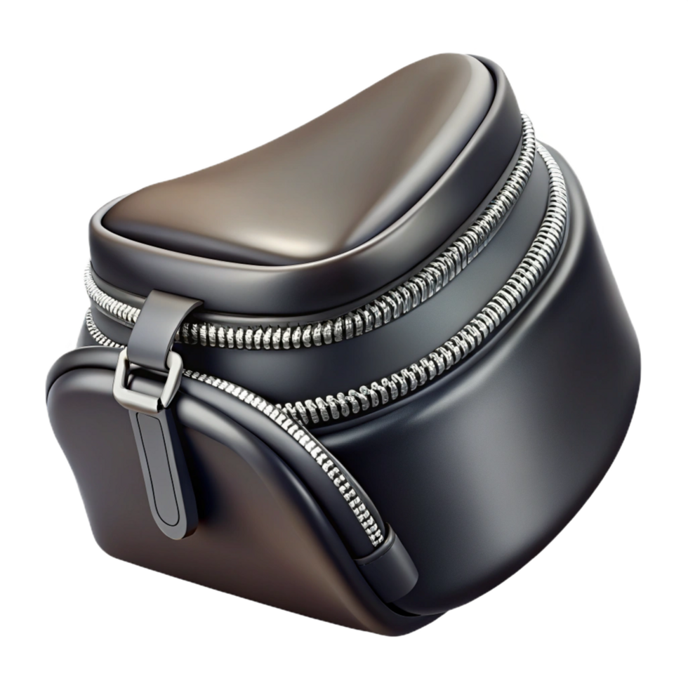 magnificent signature A black leather belt bag with silver zippers, dramatic lighting, front view, matte finish, photorealistic, isolateon transparent background,high-resolution product photography png