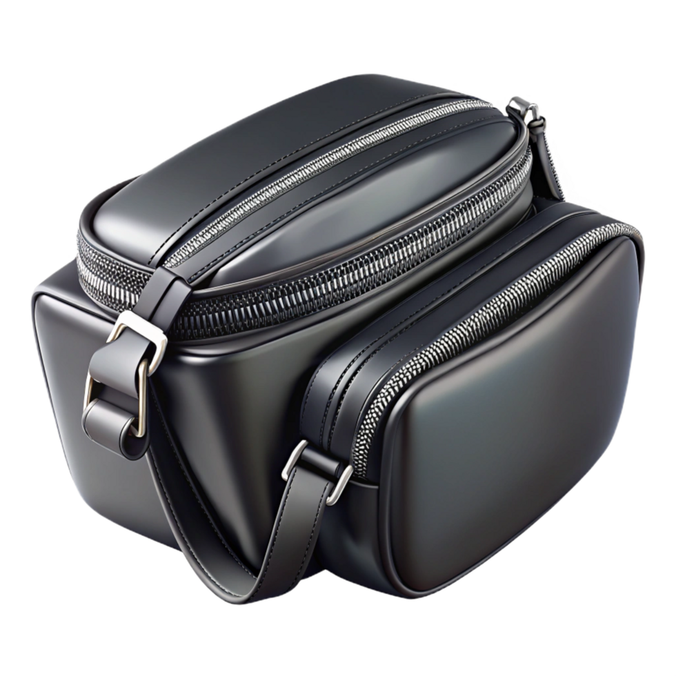 striking iconic A black leather belt bag with silver zippers, dramatic lighting, front view, matte finish, photorealistic, isolateon transparent background,high-resolution product photography png
