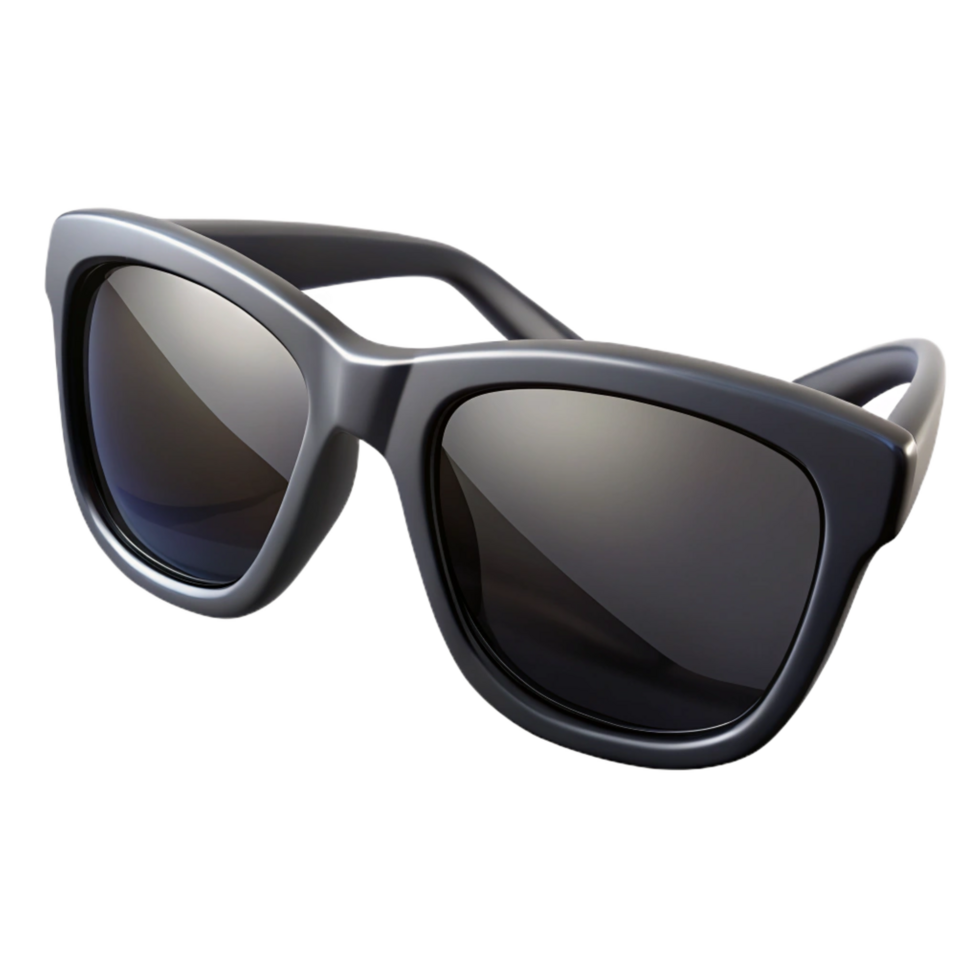 alluring standout Polarizesunglass frame, sleek black plastic, reflective lenses, studio lighting, front view, render, isolateon transparent background,high-resolution product photography png