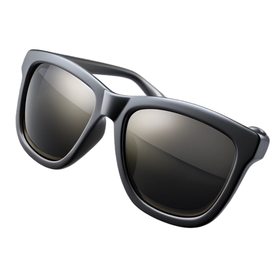 wonderful mid-century Polarizesunglass frame, sleek black plastic, reflective lenses, studio lighting, front view, render, isolateon transparent background,high-resolution product photography original png
