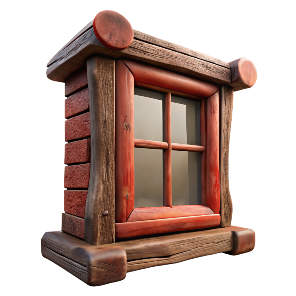 elegant notable Rustic wooden window frame, weatherepaint, visible knots animperfections, dramatic lighting, side view, render, isolateon transparent background,high-resolution product photography png