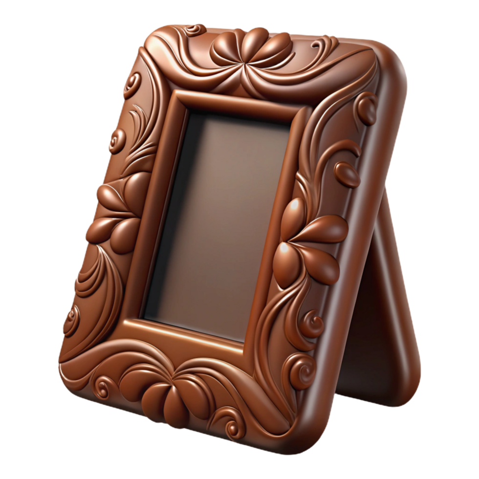 melancholic impressive Embosseleather picture frame, dark brown, detailefloral embossing, soft lighting, render, isolateon transparent background,high-resolution product photography elite png