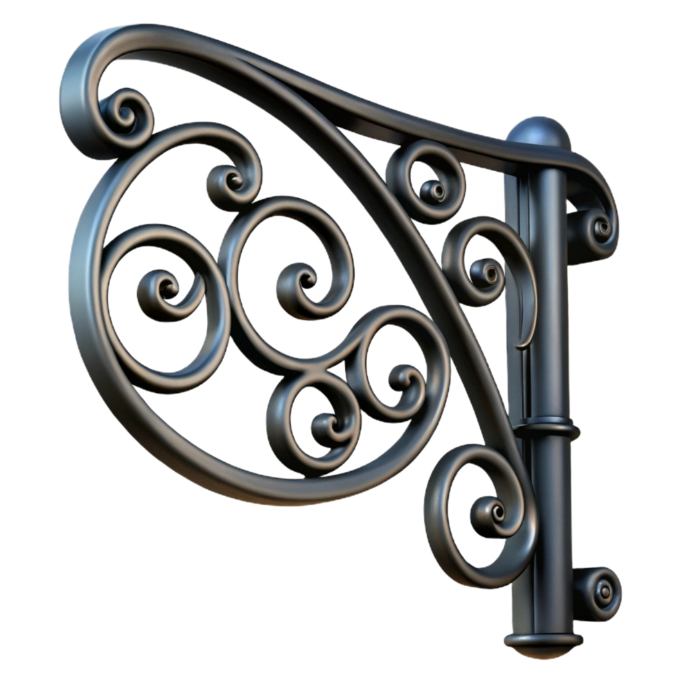 hypnotic industrial Wrought iron frame, black finish, intricate scrollwork, dramatic lighting, side view, render, isolateon transparent background,high-resolution product photography high quality png