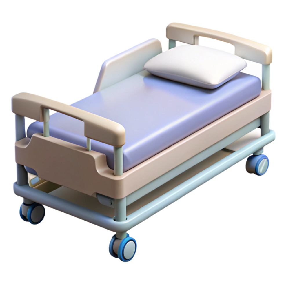 intense extraordinary Hospital bed, adjustable height, side rails raised, white sheets, studio lighting, isolateon transparent background,high-resolution product photography studio quality png