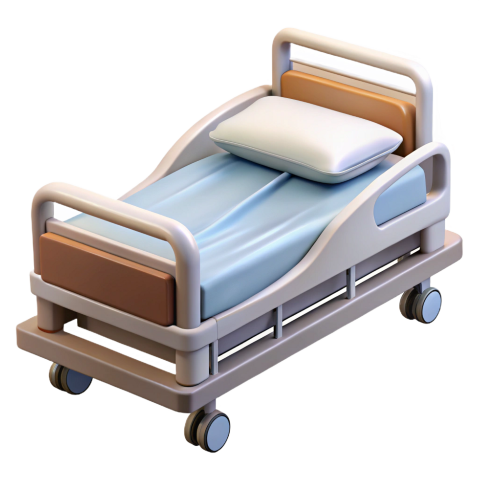 sumptuous retro Hospital bed, adjustable height, side rails raised, white sheets, studio lighting, isolateon transparent background,high-resolution product photography handcrafted png