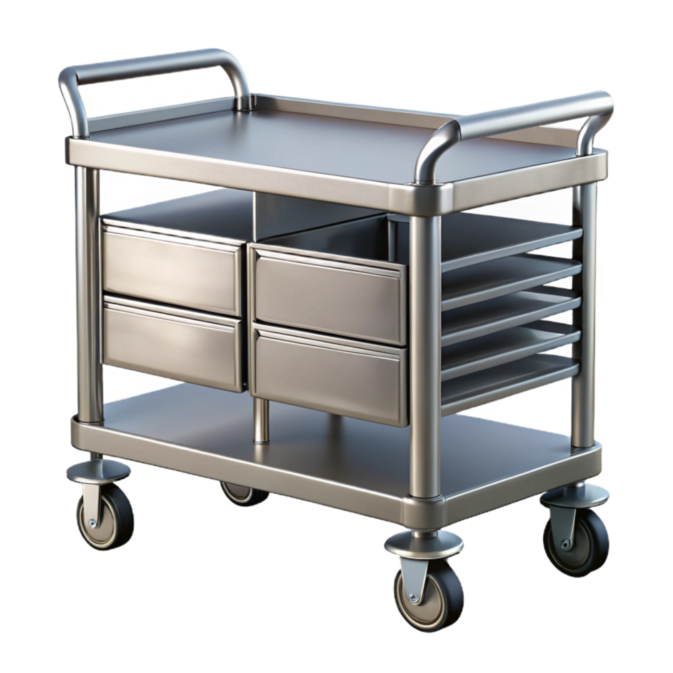 acclaimeretro Medical cart, stainless steel, multiple drawers anshelves, studio lighting, side view, isolateon transparent background,high-resolution product photography expertly shot png