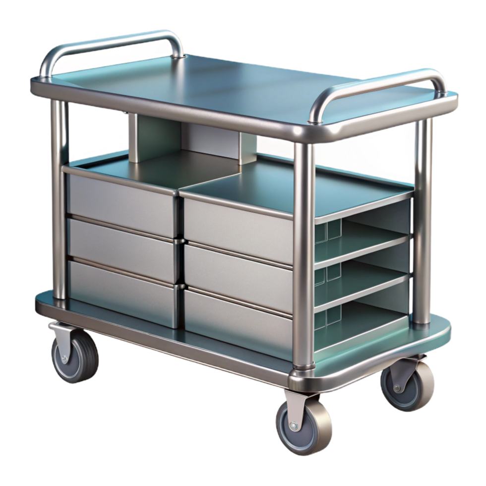 mysterious dazzling Medical cart, stainless steel, multiple drawers anshelves, studio lighting, side view, isolateon transparent background,high-resolution product photography impeccable png