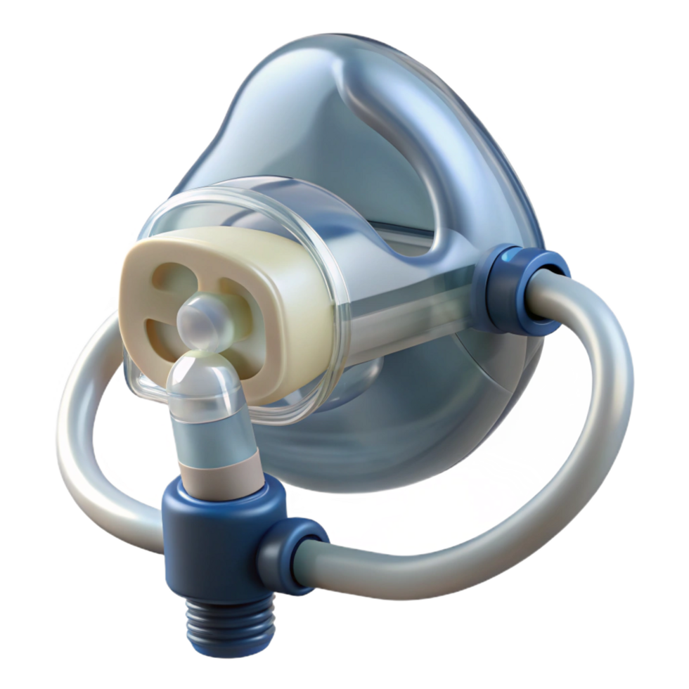 striking creative Nebulizer mask, clear plastic, connecteto tubing tubing not visible, studio lighting, front view, isolateon transparent background,high-resolution product photography precision png