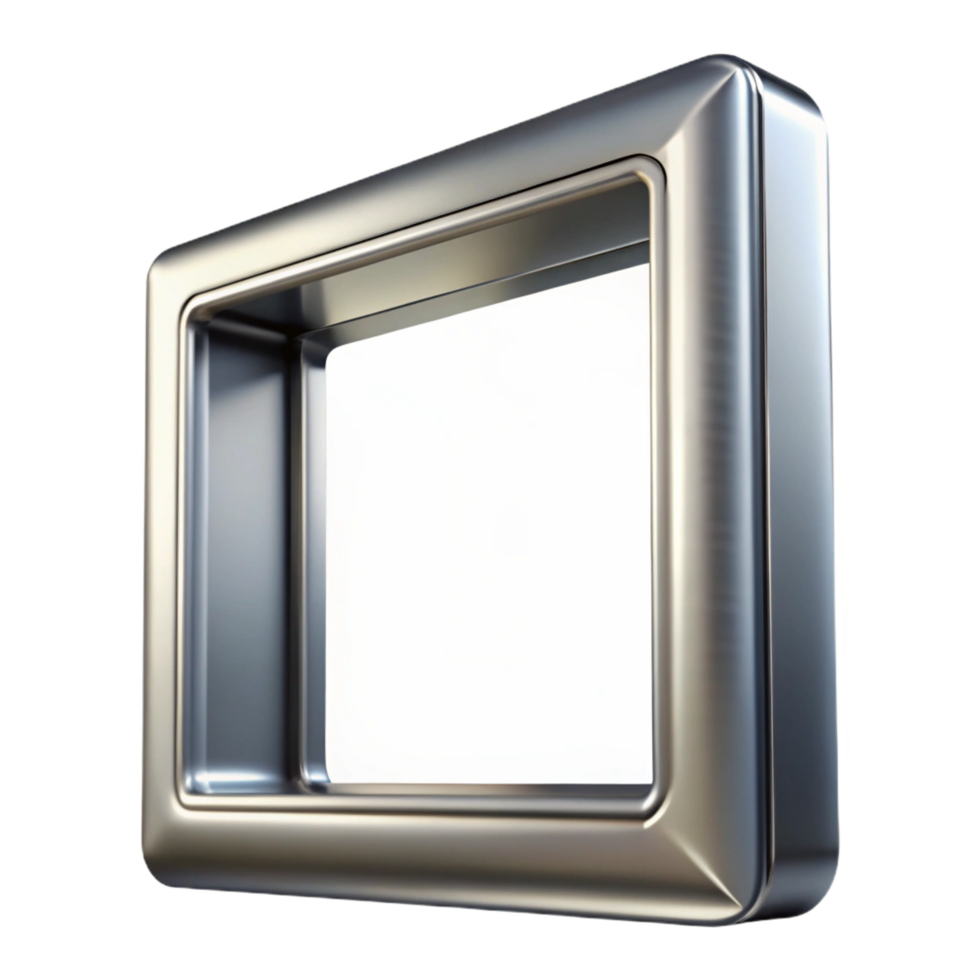 remarkable contemporary Silver metallic frame, brushetexture, thin profile, reflecting studio lights, side view, isolateon transparent background,high-resolution product photography authentic png