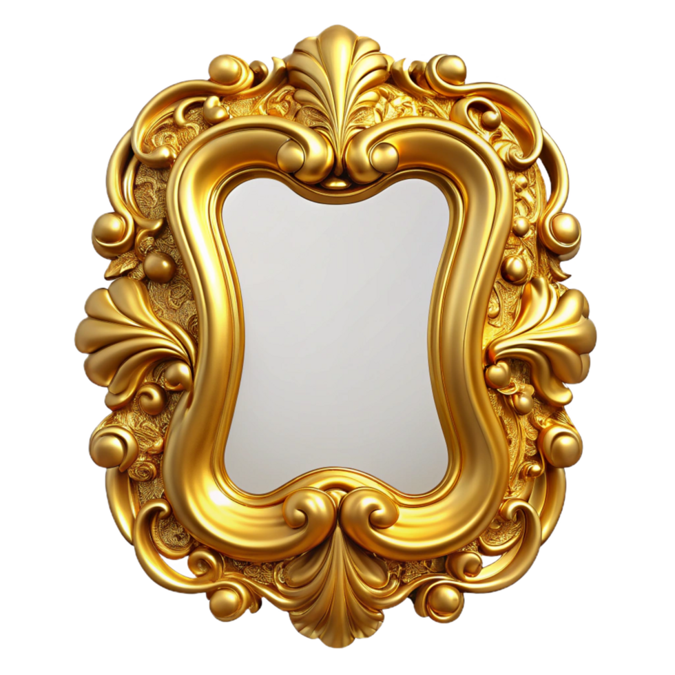 acclaimefuturistic Ornate golpicture frame, baroque style, intricate carvings, glossy finish, studio lighting, front view, isolateon transparent background,high-resolution product photography flawless png
