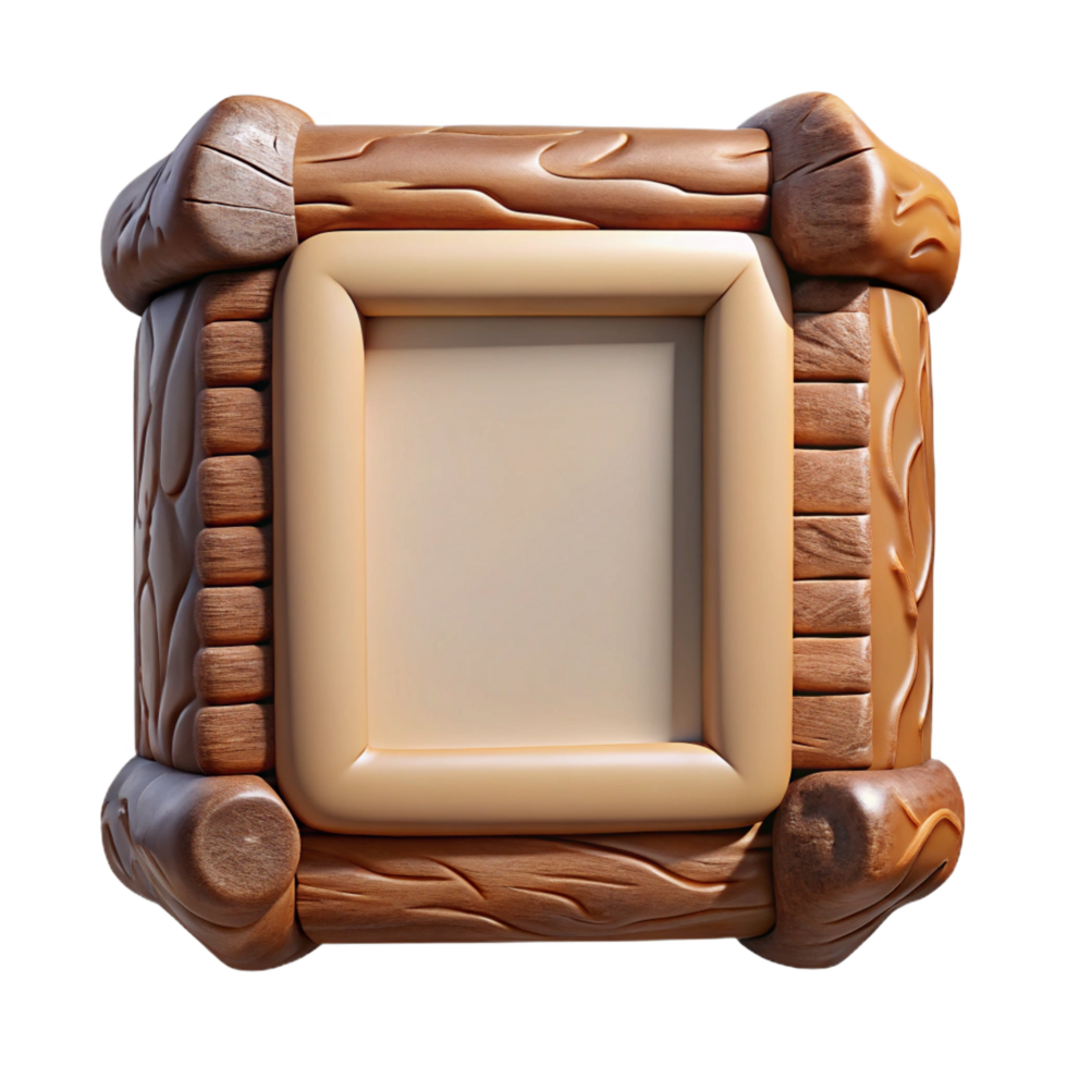 remarkable industrial Rustic wooden frame, bark edges, natural finish, soft lighting, front view, isolateon transparent background,high-resolution product photography gallery standard png
