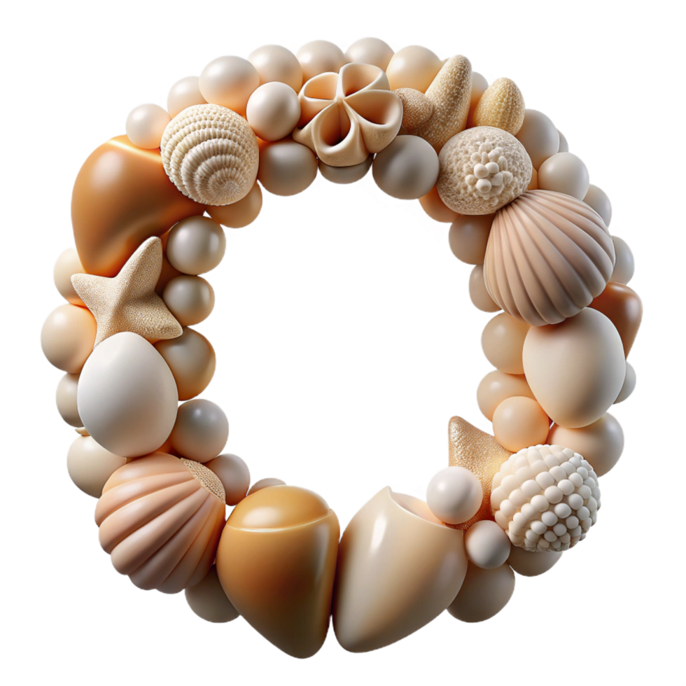 picturesque traditional A frame made of seashells, various shapes ansizes, natural colors, soft lighting, front view, isolateon transparent background,high-resolution product photography fine detail png