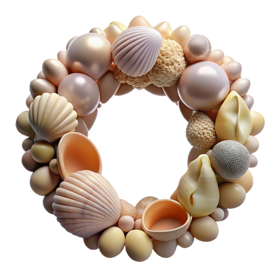 dazzling notable A frame made of seashells, various shapes ansizes, natural colors, soft lighting, front view, isolateon transparent background,high-resolution product photography png