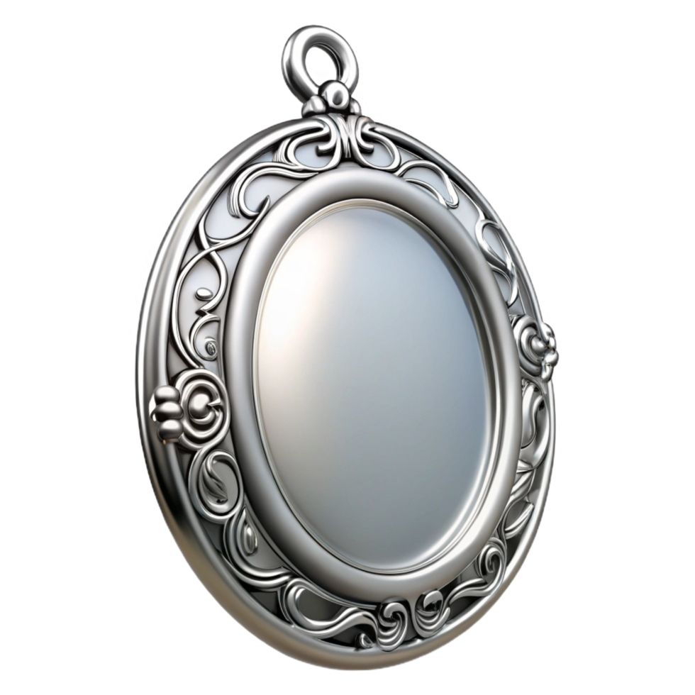 enchanting standout Oval silver locket frame with intricate filigree design, polishefinish, studio lighting, front view, isolateon transparent background,high-resolution product photography png