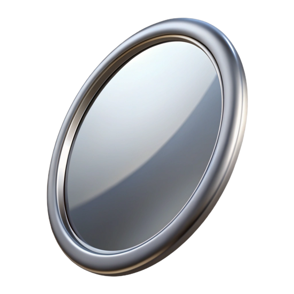 distinctive creative Oval mirror frame with a silver beveleedge, reflective surface, front view, soft lighting, isolateon transparent background,high-resolution product photography museum quality png