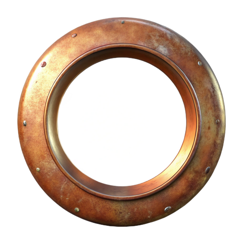 glorious celebrateCircular metal frame with a distressecopper finish, visible patina, front view, dramatic lighting, isolateon transparent background,high-resolution product photography png
