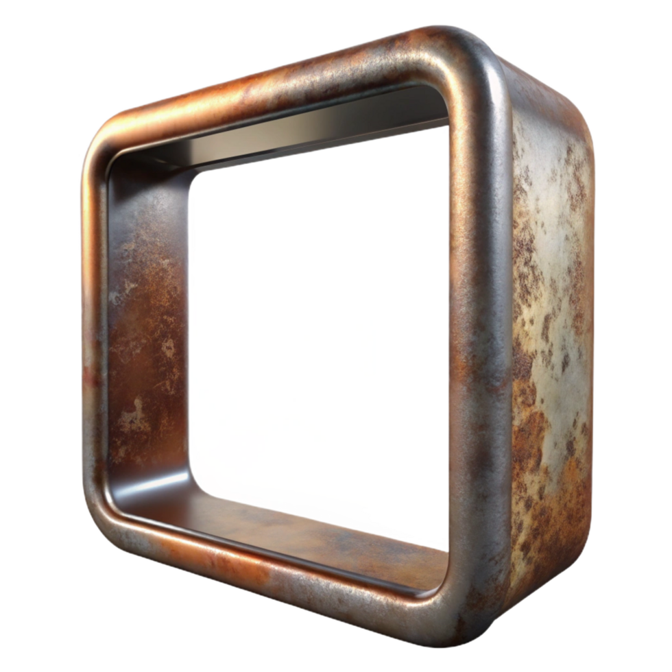 serene abstract Square metal frame with a rusty finish, visible corrosion, front view, dramatic lighting, isolateon transparent background,high-resolution product photography high resolution png