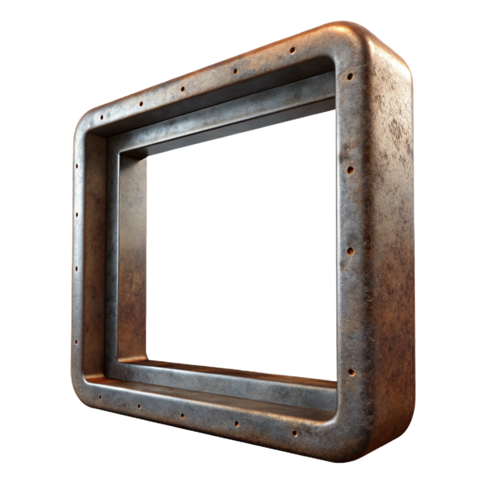 boldramatic Square metal frame with a rusty finish, visible corrosion, front view, dramatic lighting, isolateon transparent background,high-resolution product photography flawless png