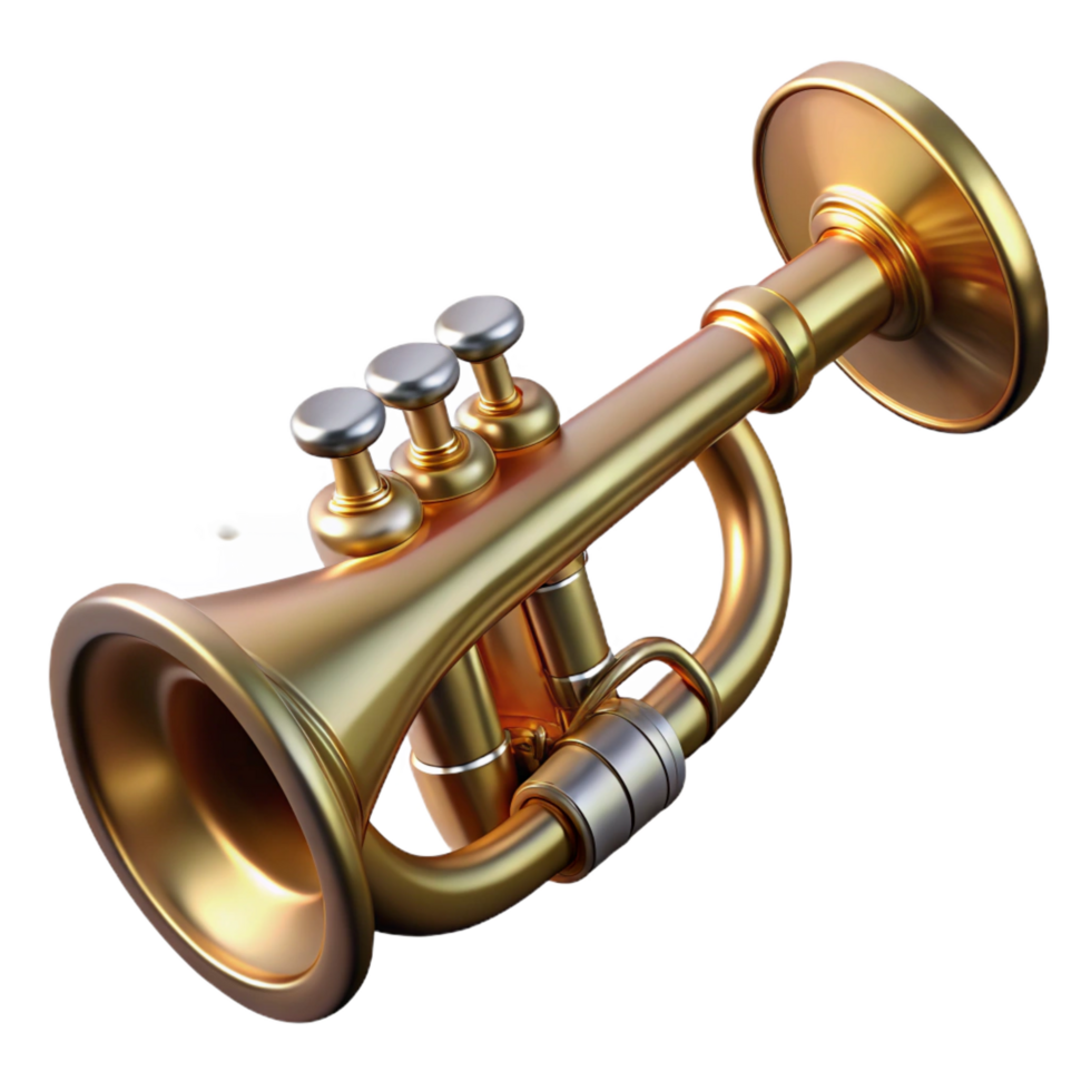 majestic rare Shiny brass trumpet, valves depressed, mouthpiece attached, dramatic lighting, front view, detaileillustration, isolateon transparent background,high-resolution product photography png