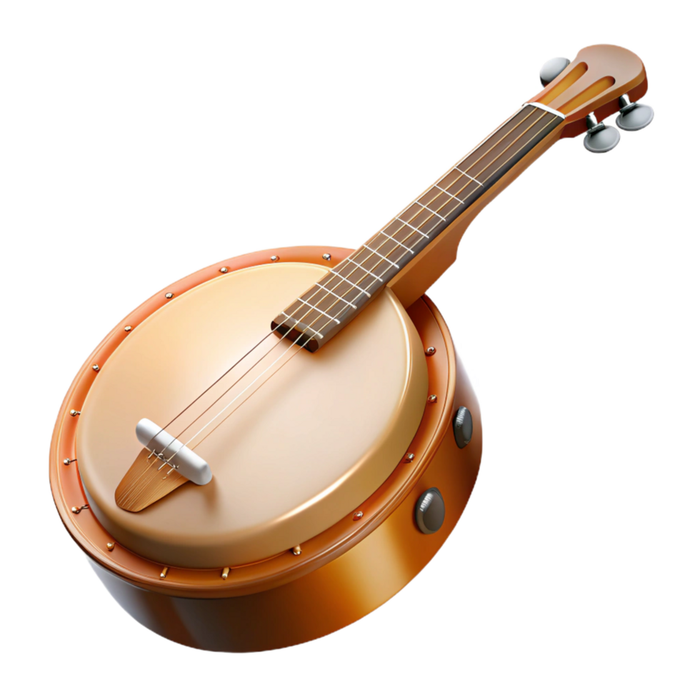 pristine quintessential Banjo, wooden resonator, metal strings, soft lighting, front view, detaileillustration, isolateon transparent background,high-resolution product photography png