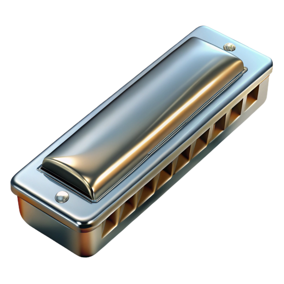 joyful wonderful Harmonica, chrome finish, holes visible, dramatic lighting, top-down view, detaileillustration, isolateon transparent background,high-resolution product photography expertly shot png