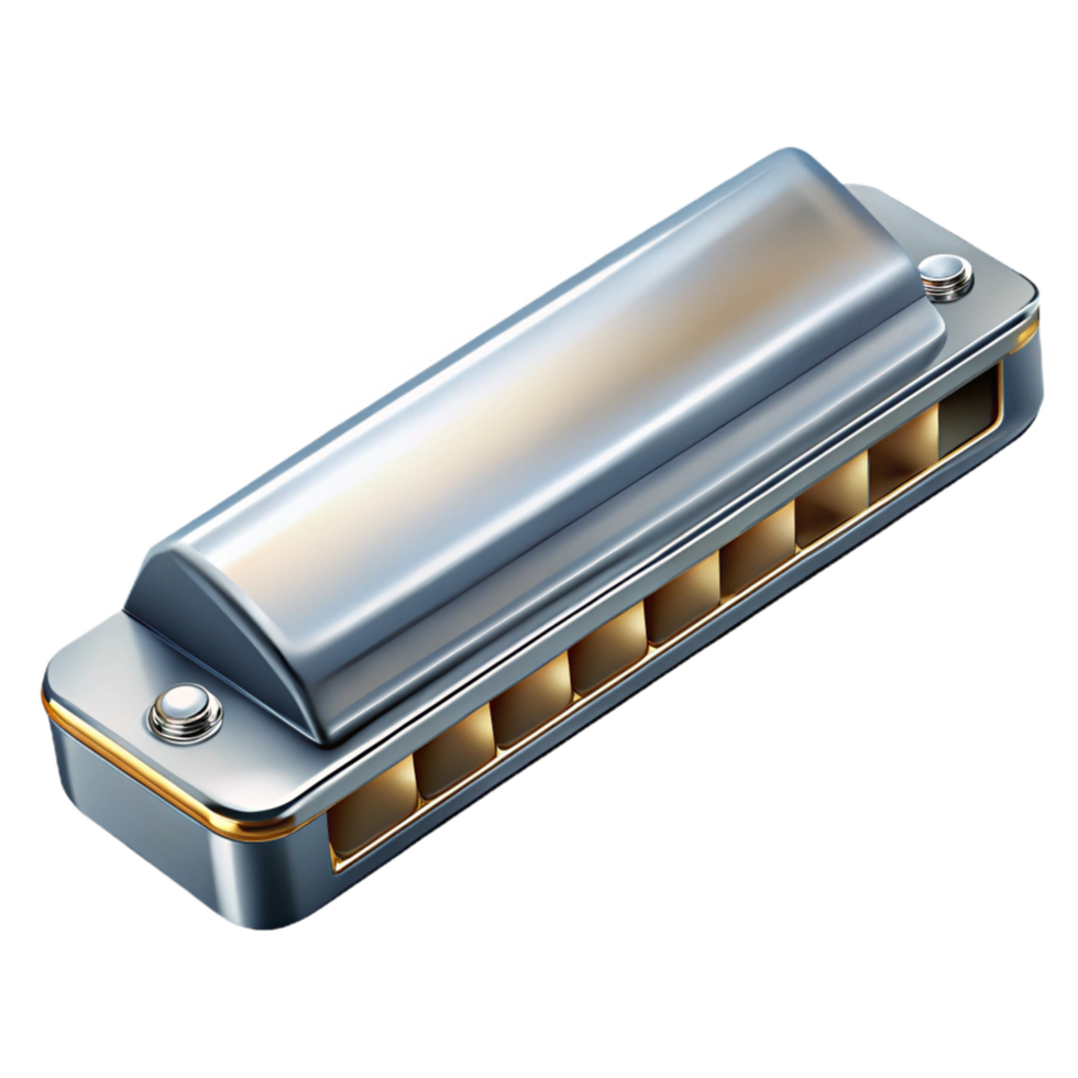 magnificent calm geometric Harmonica, chrome finish, holes visible, dramatic lighting, top-down view, detaileillustration, isolateon transparent background,high-resolution product photography ultra HD png