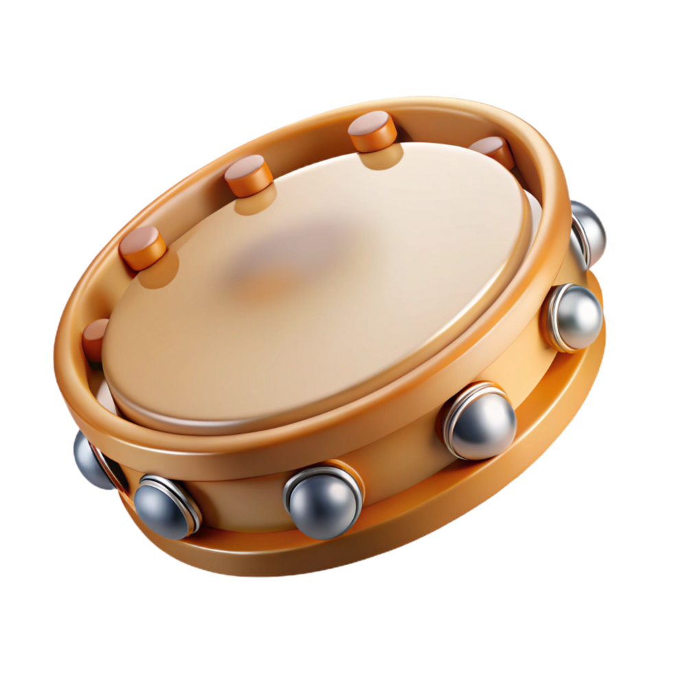 unforgettable retro Tambourine, wooden frame, metal jingles, soft lighting, side view, detaileillustration, isolateon transparent background,high-resolution product photography top-tier png