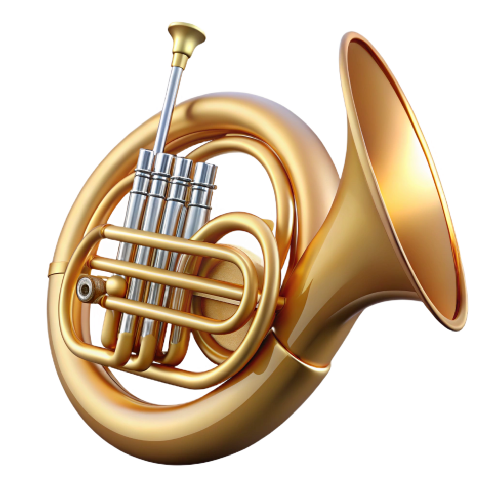hypnotic avant-garde French horn, brass finish, valves antubing, studio lighting, front view, detaileillustration, isolateon transparent background,high-resolution product photography museum quality png