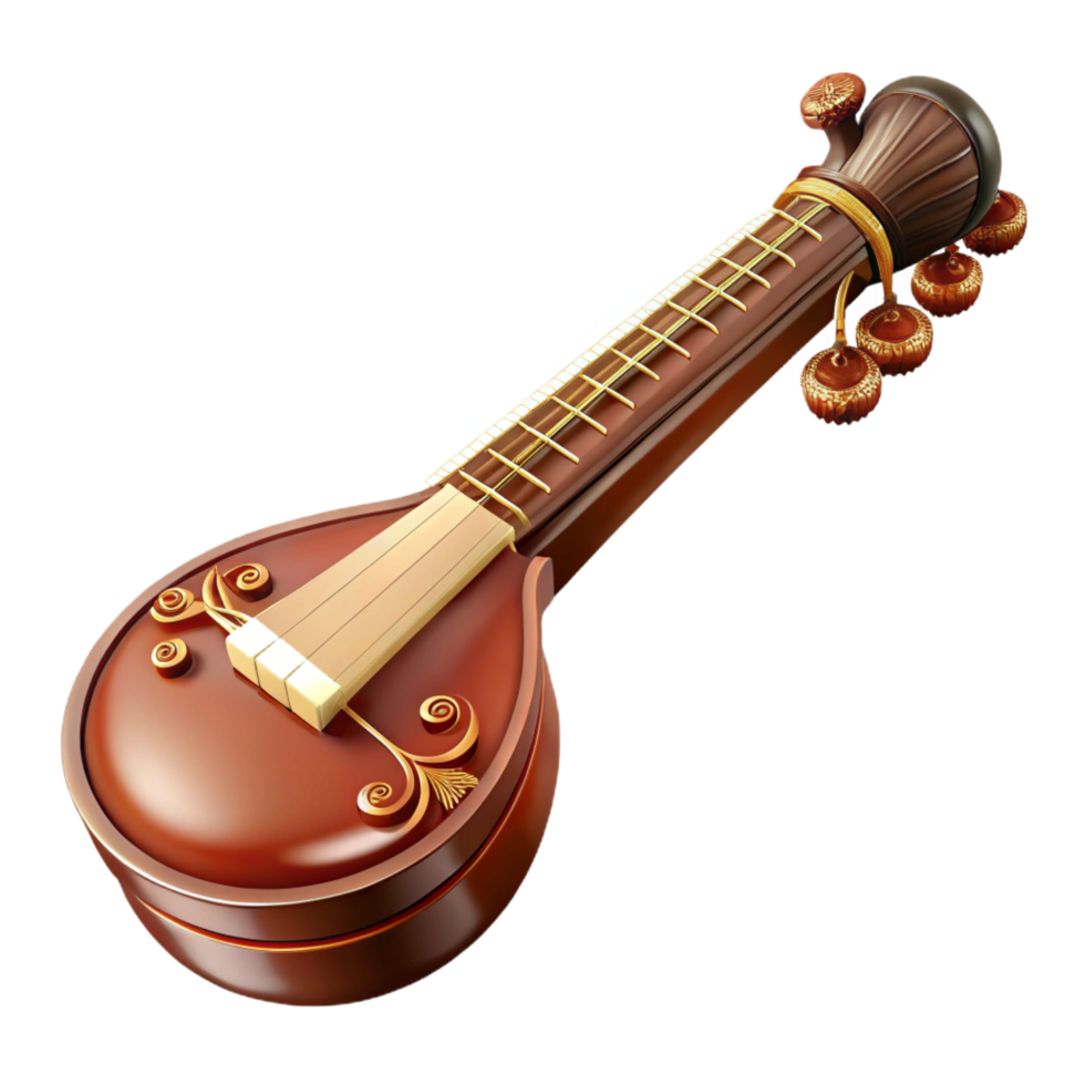 magnificent bohemian Sitar, wooden body, intricate carvings, soft lighting, side view, detaileillustration, isolateon transparent background,high-resolution product photography luxury png