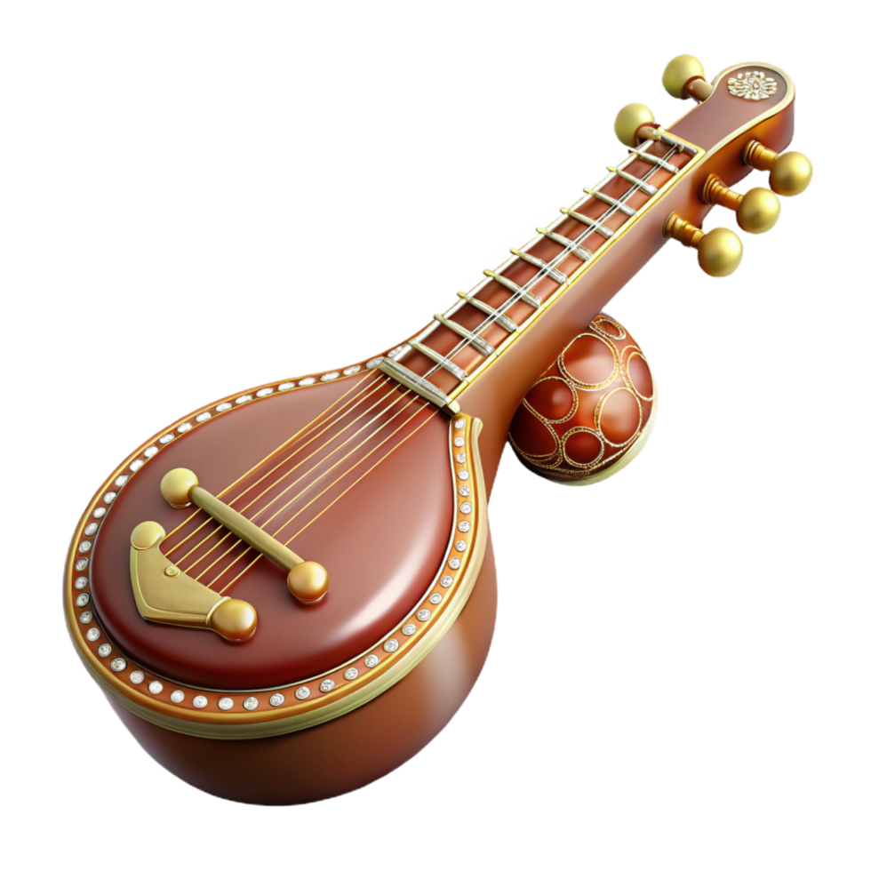 radiant peaceful urban Sitar, wooden body, intricate carvings, soft lighting, side view, detaileillustration, isolateon transparent background,high-resolution product photography studio quality png