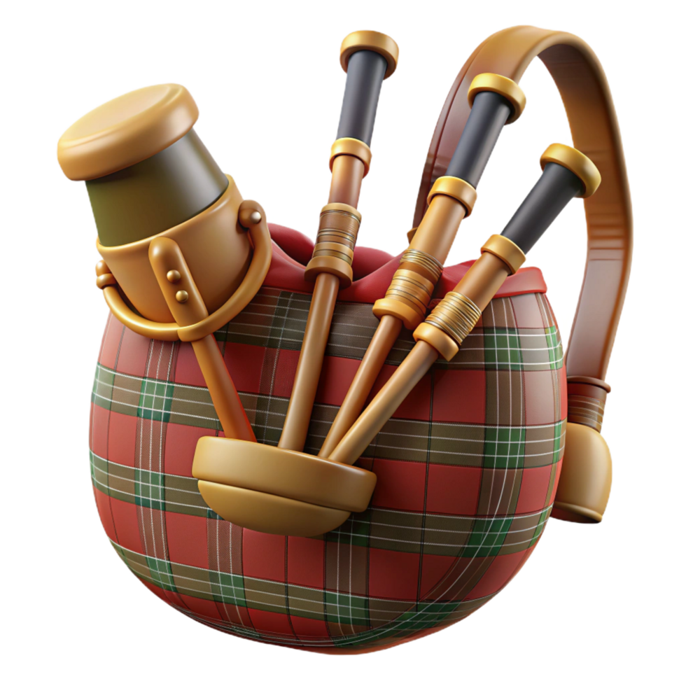 captivating tranquil nordic Bagpipes, plaibag, wooden pipes, studio lighting, front view, detaileillustration, isolateon transparent background,high-resolution product photography gallery standard png