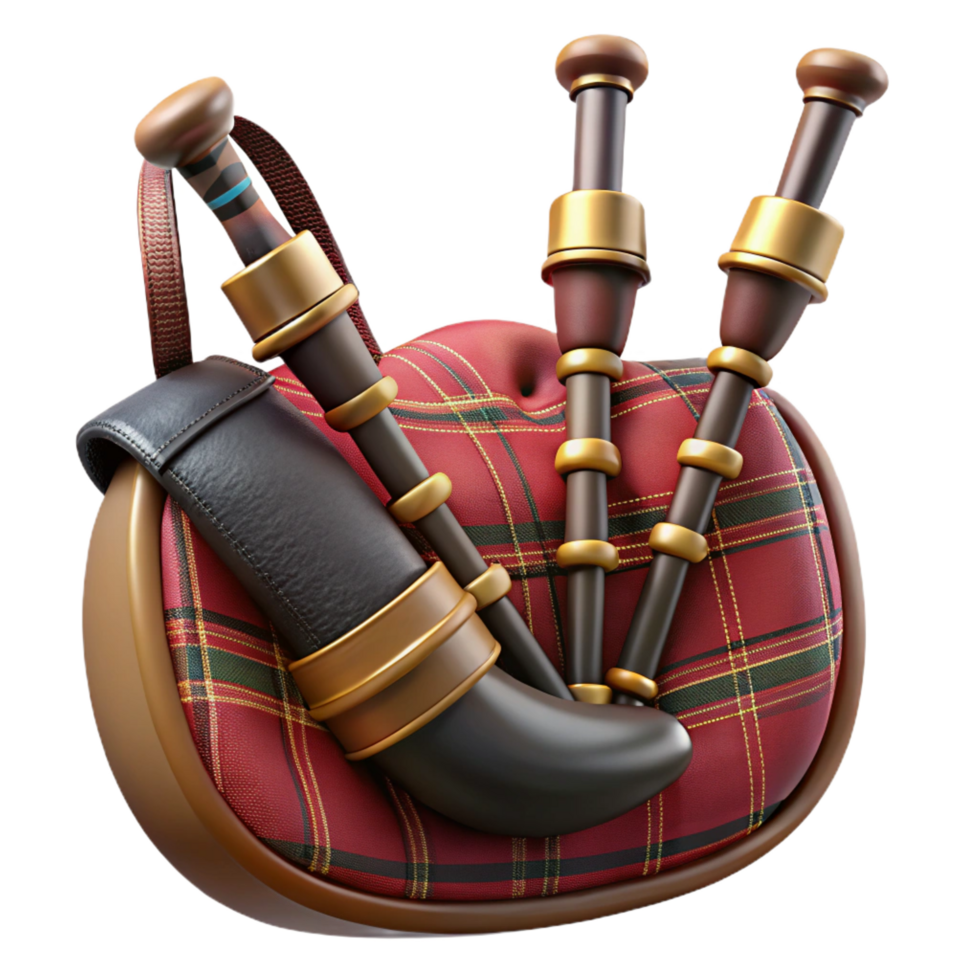 intense vibrant Bagpipes, plaibag, wooden pipes, studio lighting, front view, detaileillustration, isolateon transparent background,high-resolution product photography precision png