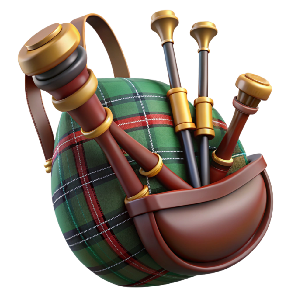 joyful picturesque Bagpipes, plaibag, wooden pipes, studio lighting, front view, detaileillustration, isolateon transparent background,high-resolution product photography studio quality png